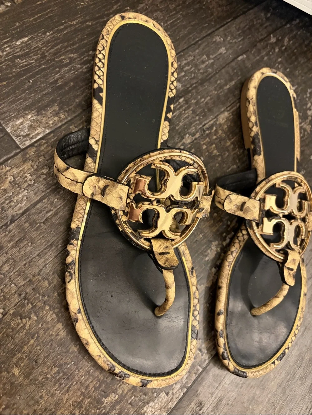 Tory Burch Snake-Print Logo Thong Sandals in Yellow and Black